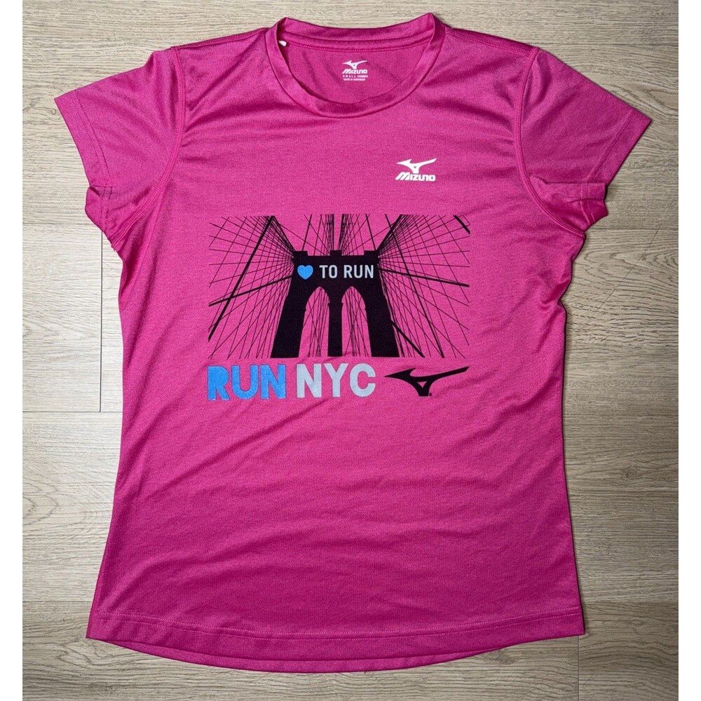 Mizuno Womens Small Pink Run NYC Brooklyn Bridge Athletic Running Shirt Top